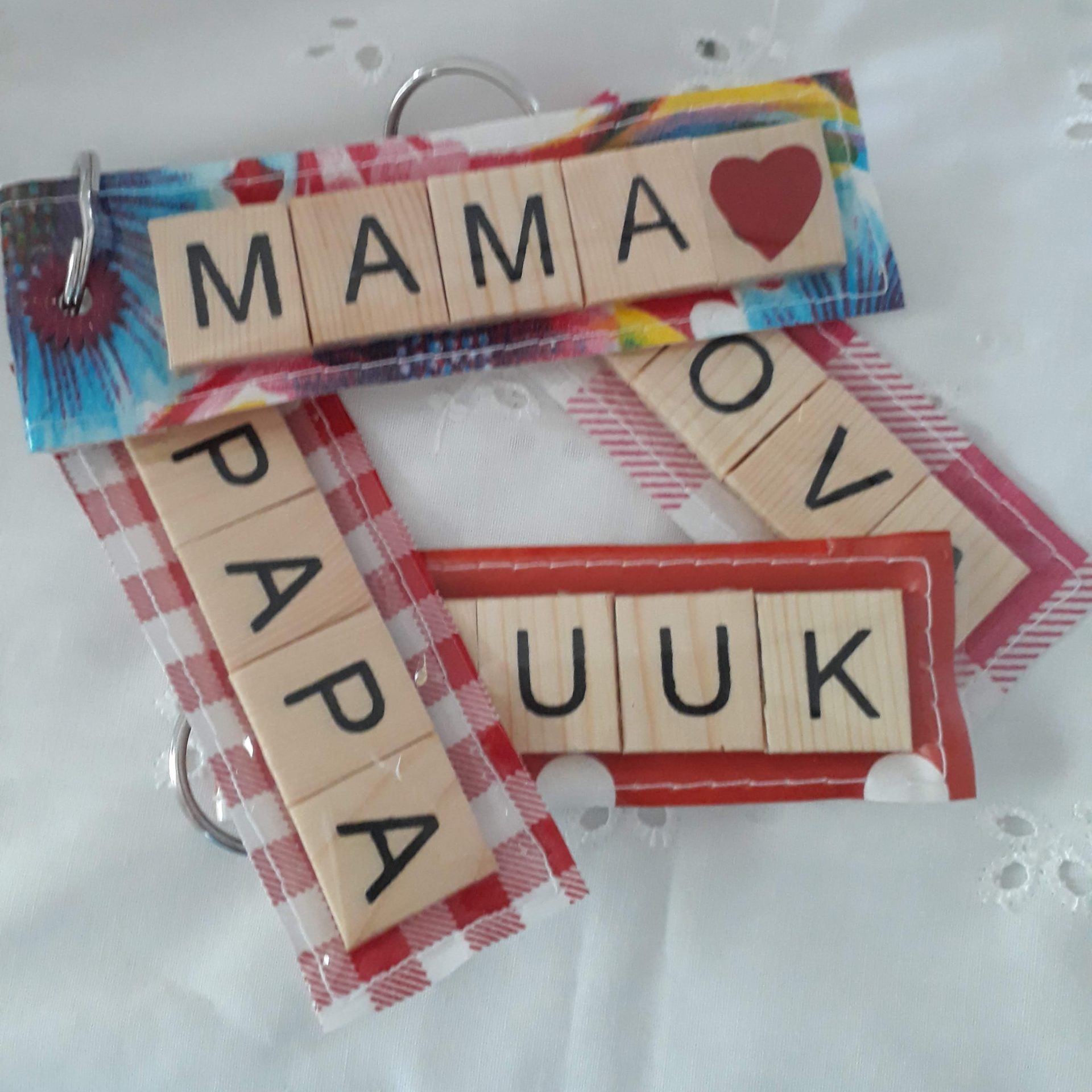 scrabble sleutelhanger, tafelzeil en letters